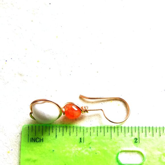 Uniquely Handmade Earrings: Lively Glowing Orange & Creamy White Stone w. Copper - Picture 9 of 11